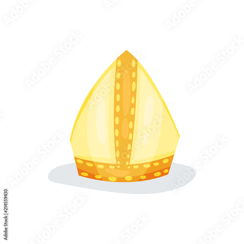 Golden papal tiara or pope tiara. Shiny gold hat of church servant. Religious object. Flat vector element for website or mobile app