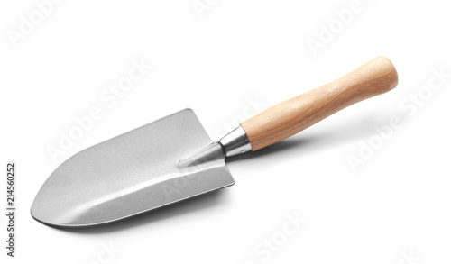 Metal shovel for gardening on white background