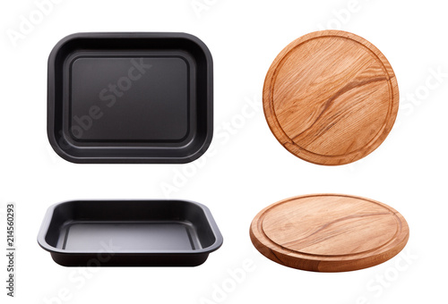 Pizza board and tray isolated on white. Top view mock up