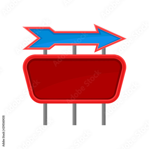 Empty red signboard and blue arrow on metal poles. Advertising billboard with place for text. Flat vector for website or mobile app