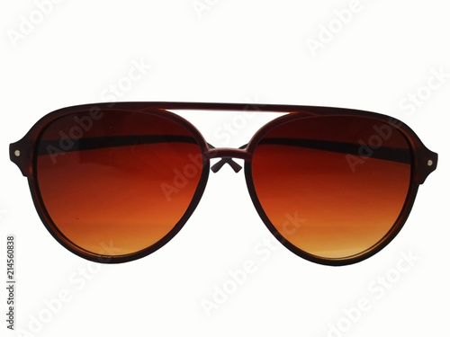 Fashion and healthcare concept, brown lens of sunglasses with brown frame. Isolated on white background, copy space and clipping path.