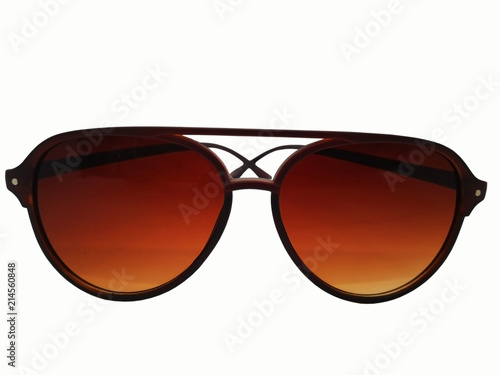 Fashion and healthcare concept, brown lens of sunglasses with brown frame. Isolated on white background, copy space and clipping path.