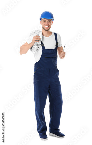 Electrician with wires on w...