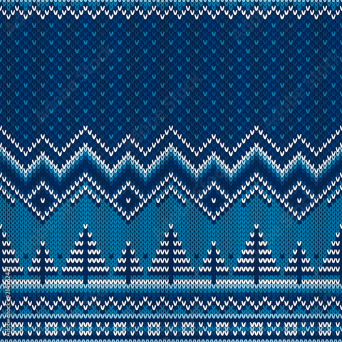 Winter Holiday Knitted Sweater Pattern with Christmas Trees. Wool Knit Seamless Melange Texture Imitation with Shades of Blue Colors