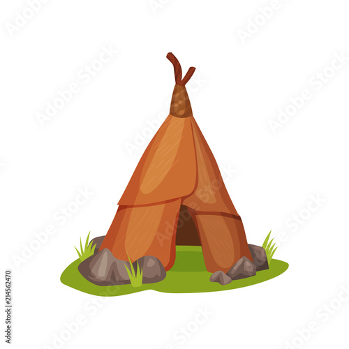 Flat vector icon of ancient man hut on green grass surrounded by small stones. Home of prehistoric people made of animal skin