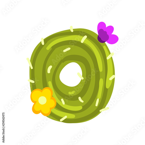 O letter in the form of cactus with blooming flowers, green eco English letter vector Illustration on a white background