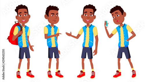 Boy Schoolboy Kid Poses Set Vector. High School Child. Black. Afro American. Children Study. Knowledge, Learn, Lesson. For Advertising, Placard, Print Design. Isolated Cartoon Illustration