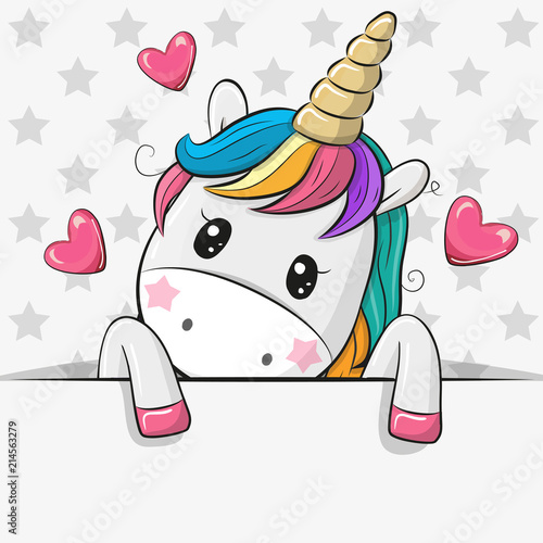 Wallpaper Mural Cartoon Unicorn is holding a placard on a stars background