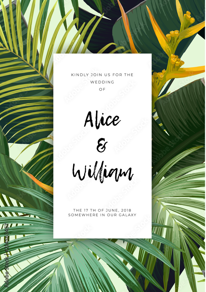 Obraz premium Floral wedding invitation with guzmania flowers, monstera and royal palm leaves. Exotic hawaiian vector background.