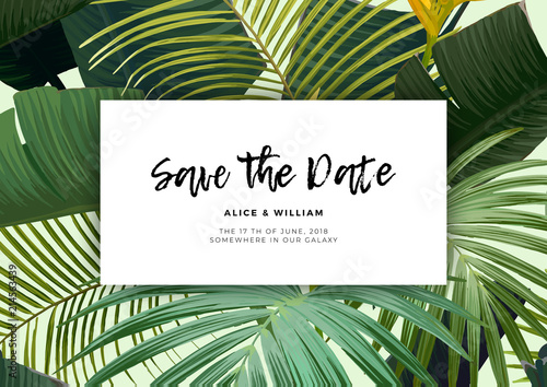 Floral wedding invitation with guzmania flowers, monstera and royal palm leaves. Exotic hawaiian vector background.