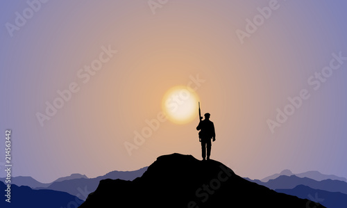 A Soldier Climbing Onto The Mountaintop, Sunset