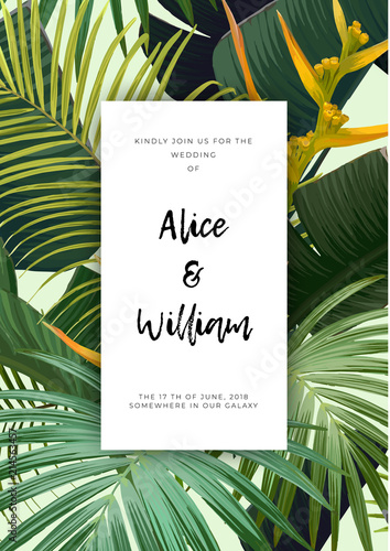 Floral wedding invitation with guzmania flowers, monstera and royal palm leaves. Exotic hawaiian vector background.