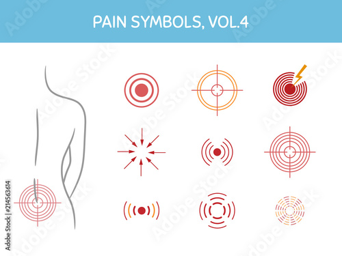 Set of pain markers for illustrations, medical and healthcare themed designs. Assorted icons showing pain focus, trigger points and painful areas of body. Vector elements, isolated on white.