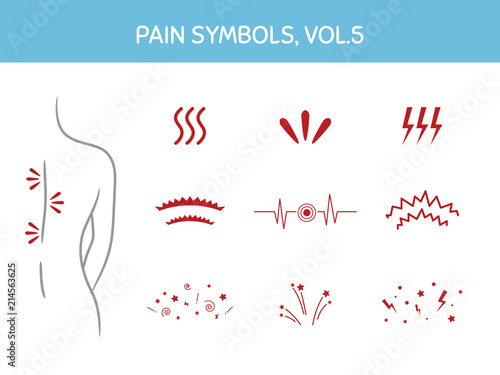 Set of pain markers for illustrations, medical and healthcare themed designs. Assorted icons showing pain focus, trigger points and painful areas of body. Vector elements, isolated on white.