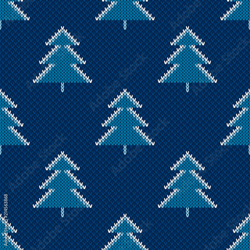 Winter Holiday Seamless Knitted Pattern with Christmas Trees. Wool Knit Sweater Melange Texture Imitation with Shades of Blue Colors