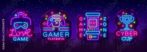 Video Game neon sign collection vector. Conceptual Logos, Love Game, Gamer logo, Game Zone, Cyber sport Emblem in Modern Trend Design, Vector Template, Light Banner, Design Element. Vector Billboard