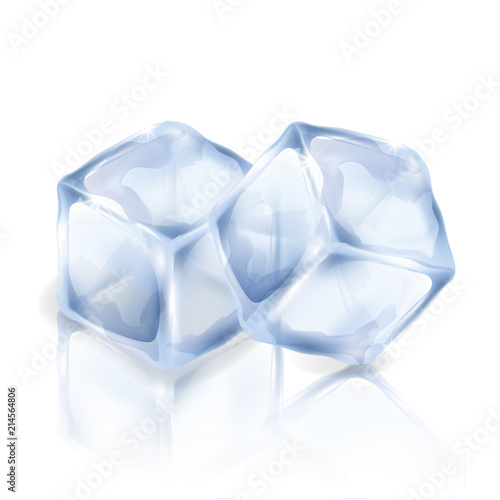 Two ice cubes isolated on the white background. Vector illustration of two square pieces of ice. Making of cold drinks, alcoholic and non-alcoholic beverages, cocktails.