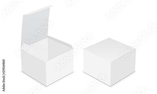 Two blank square boxes - open and closed mock up, isolated on white background. Vector illustration