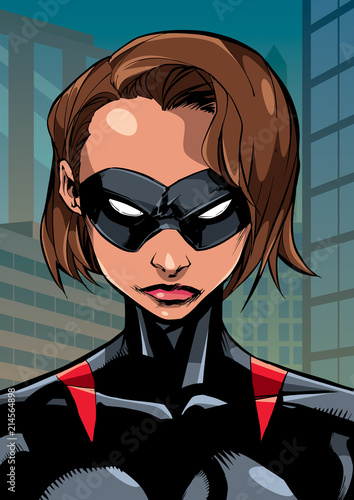 Comics illustration of the portrait of a powerful masked superheroine looking at camera with a tough facial expression on city background.