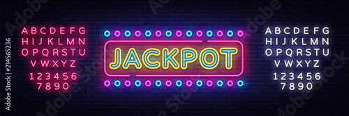 Jackpot neon sign vector. Casino Design template neon sign, light banner, neon signboard, nightly bright advertising, light inscription. Vector illustration. Editing text neon sign