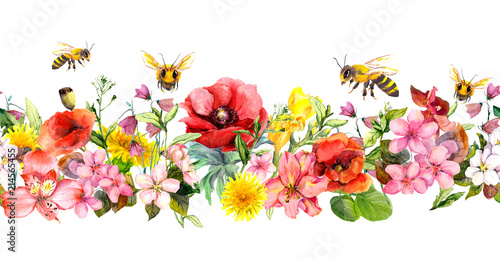 Bees in meadow flowers, summer grasses, wild leaves. Repeating floral horizontal border. Watercolor