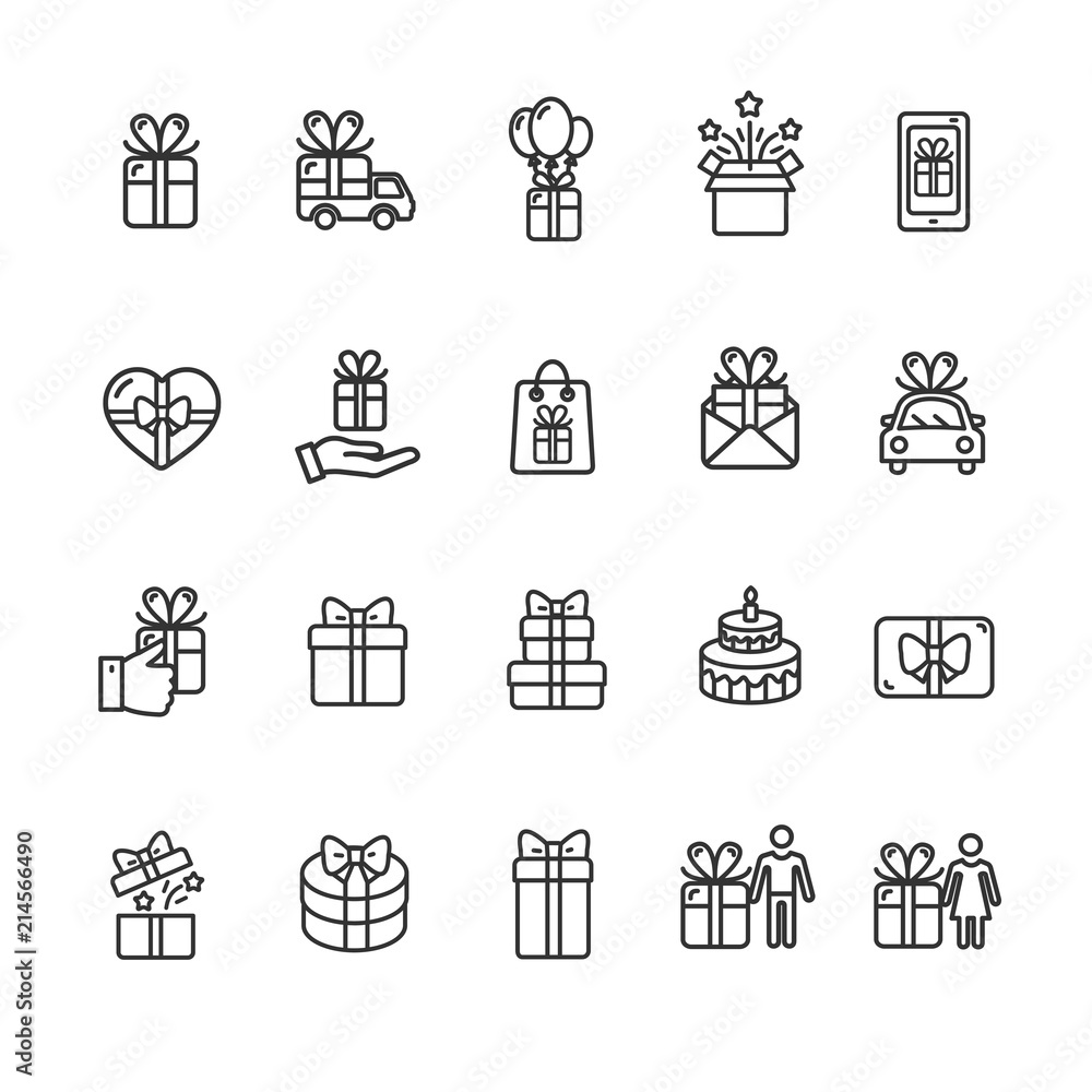 Fototapeta premium Present Gift Signs Black Thin Line Icon Set. Vector