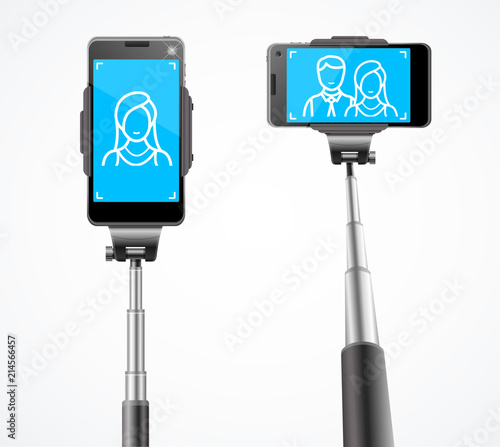 Realistic Detailed 3d Monopods with Phones for Selfie. Vector