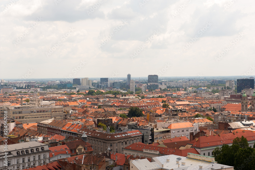 Cityscape of Zagreb, Croatia. Orange roof tops. Aerial view of old town in Europe. Zagreb landscape.