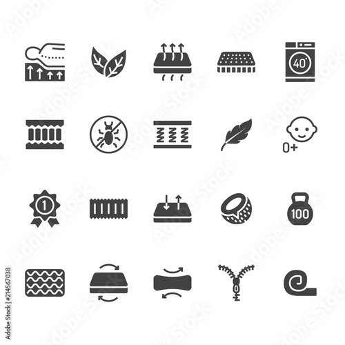 Orthopedic mattress flat glyph icons. Mattresses properties - anti dust mite, spine support, washable cover, breathable, memory foam, bedding illustrations. Solid silhouette pixel perfect 48x48.