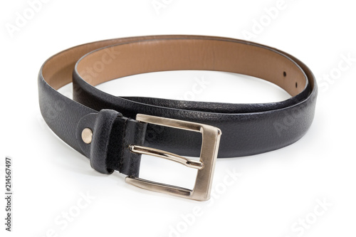 Black leather belt with square frame buckle at selective focus