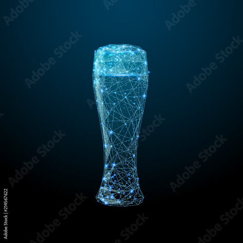 Abstract image of a glass of beer in the form of a starry sky or space, consisting of points, lines, and shapes in the form of planets, stars and the universe. Alcohol vector wireframe