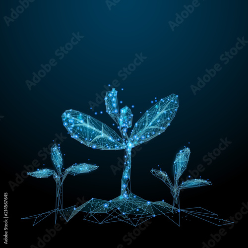 Seedling. Low poly blue. Polygonal abstract health illustration. In the form of a starry sky or space. Vector image in RGB Color mode.