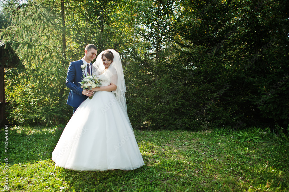 Happy newly married couple posing outdoors in the garden or park next to the wooden gazebo on their wedding day.