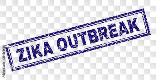 ZIKA OUTBREAK stamp seal print with rubber print style and double framed rectangle shape. Stamp is placed on a transparent background.