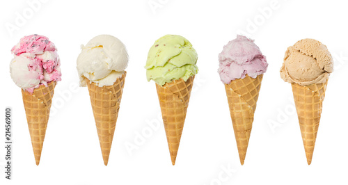 Set of ice cream in waffle cone isolated on white