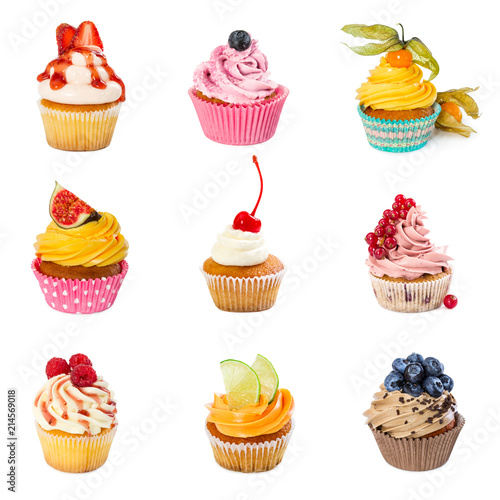 Set of different cupcakes isolated on white background.