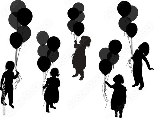 five children and balloons isolated on white