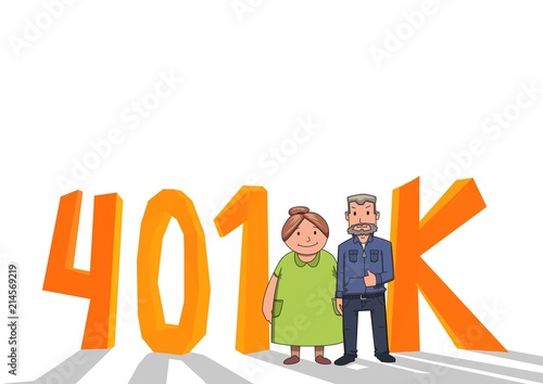 401K pension account, retirement. Happy elderly couple in fron of orange letters acronym. Colored flat vector illustration. Isolated on white background.