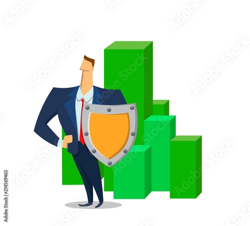 Businessman with a shield in front of geen blocks. with policy. Insurance Agent protecting assets. Flat colored vector illustration. Isolated on white background.