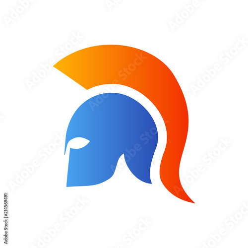 Icono plano casco espartano en azul y naranja