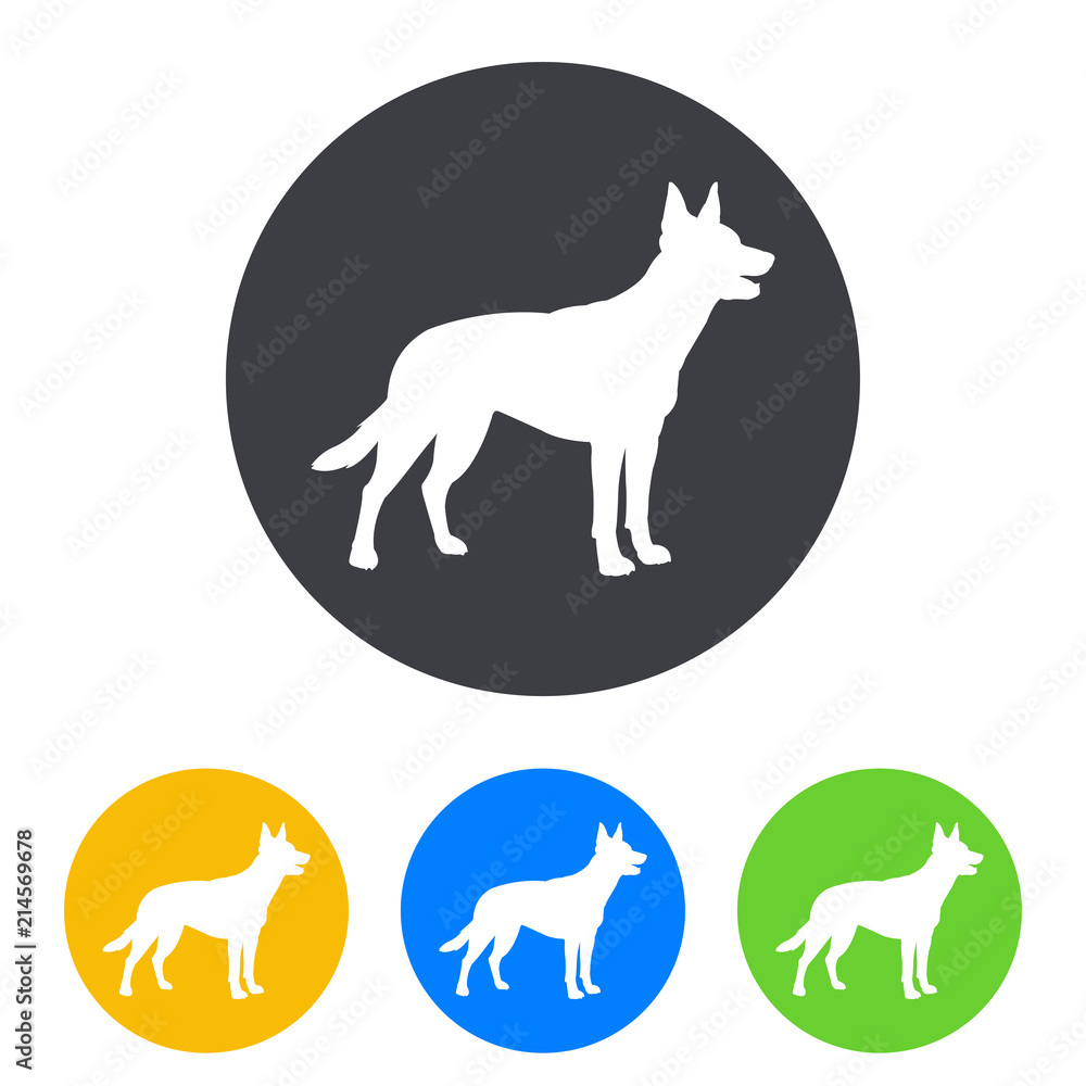 Icono plano silueta perro pastor aleman en circulo varios colores Icono plano silueta perro pastor aleman en circulo varios colores