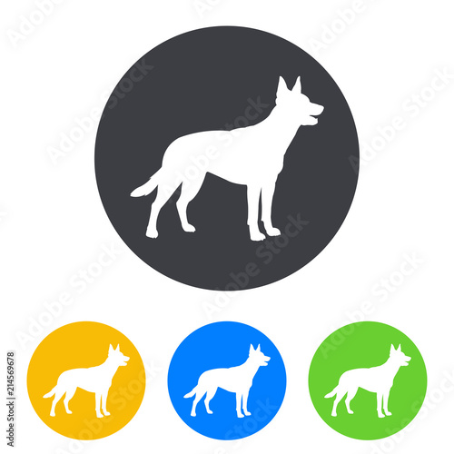 Icono plano silueta perro pastor aleman en circulo varios colores