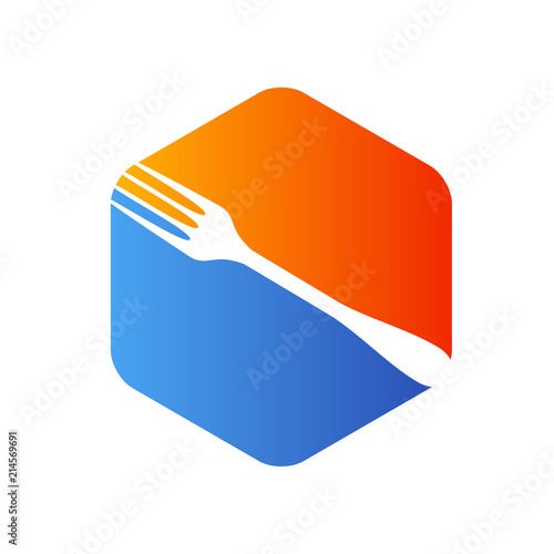 Icono plano tenedor en hexagono azul y naranja