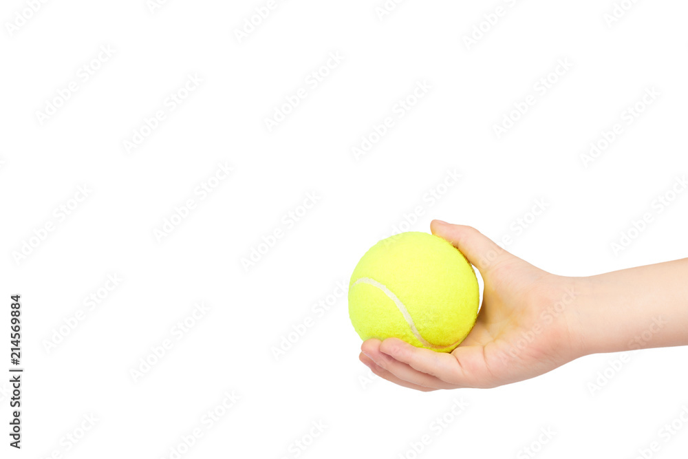 Kid hold tennis ball in hand, isolated on white background. copy space template