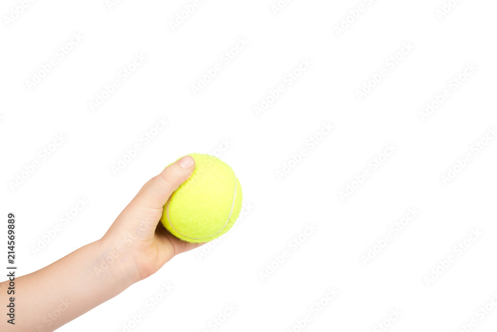 Kid hold tennis ball in hand, isolated on white background. copy space template
