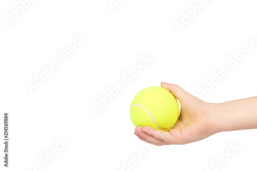 Kid hold tennis ball in hand, isolated on white background. copy space template © Sviatoslav Kovtun