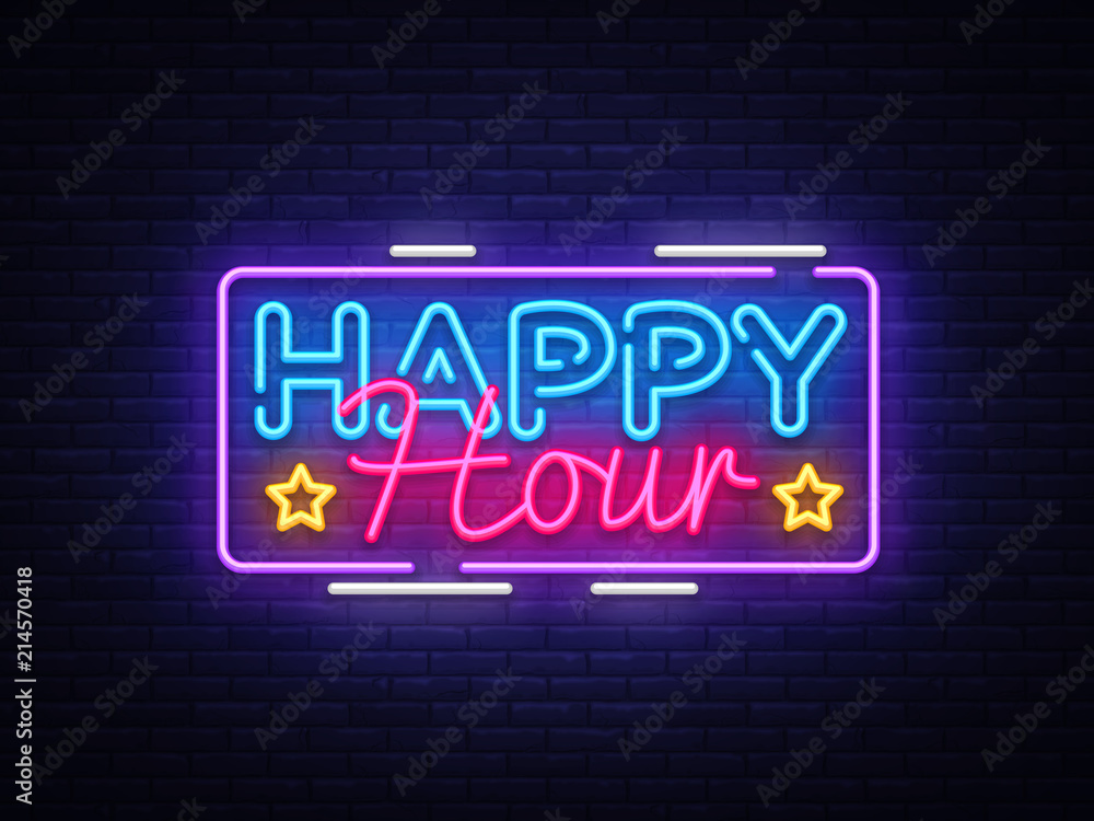 Happy Hour neon sign vector design template. Happy Hour neon logo, light banner design element colorful modern design trend, night bright advertising, brightsign. Vector illustration Happy Hour neon sign vector design template. Happy Hour neon logo, light banner design element colorful modern design trend, night bright advertising, brightsign. Vector illustration