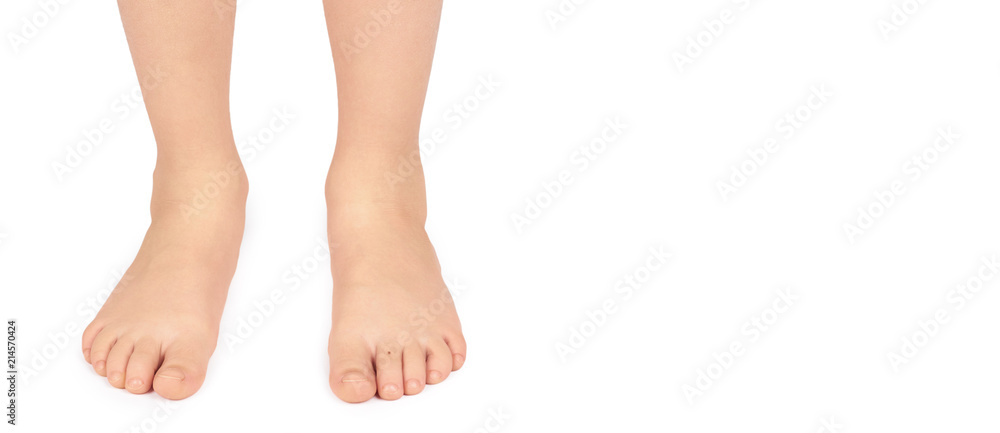 Cute kid leg, fast growing foot, isolated on white background. copy space template Cute kid leg, fast growing foot, isolated on white background. copy space template
