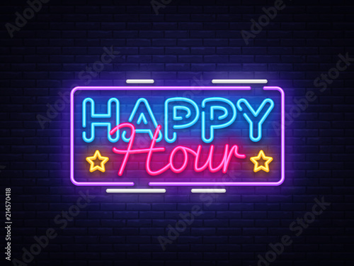 Happy Hour neon sign vector design template. Happy Hour neon logo, light banner design element colorful modern design trend, night bright advertising, brightsign. Vector illustration