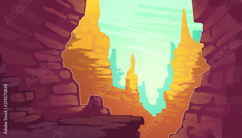 Vector cartoon illustration of Grand Canyon, national park of Arizona state on Colorado river. Red sandstone mountains, horizon with sand rocks and sky, nature landscape background